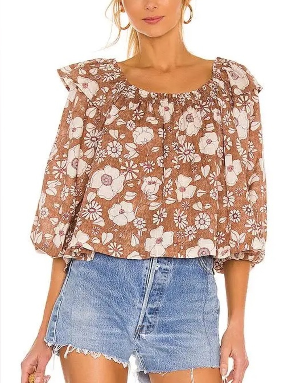 Free People Brown Floral Off-Shoulder Blouse relaxed fit top blouse size XS